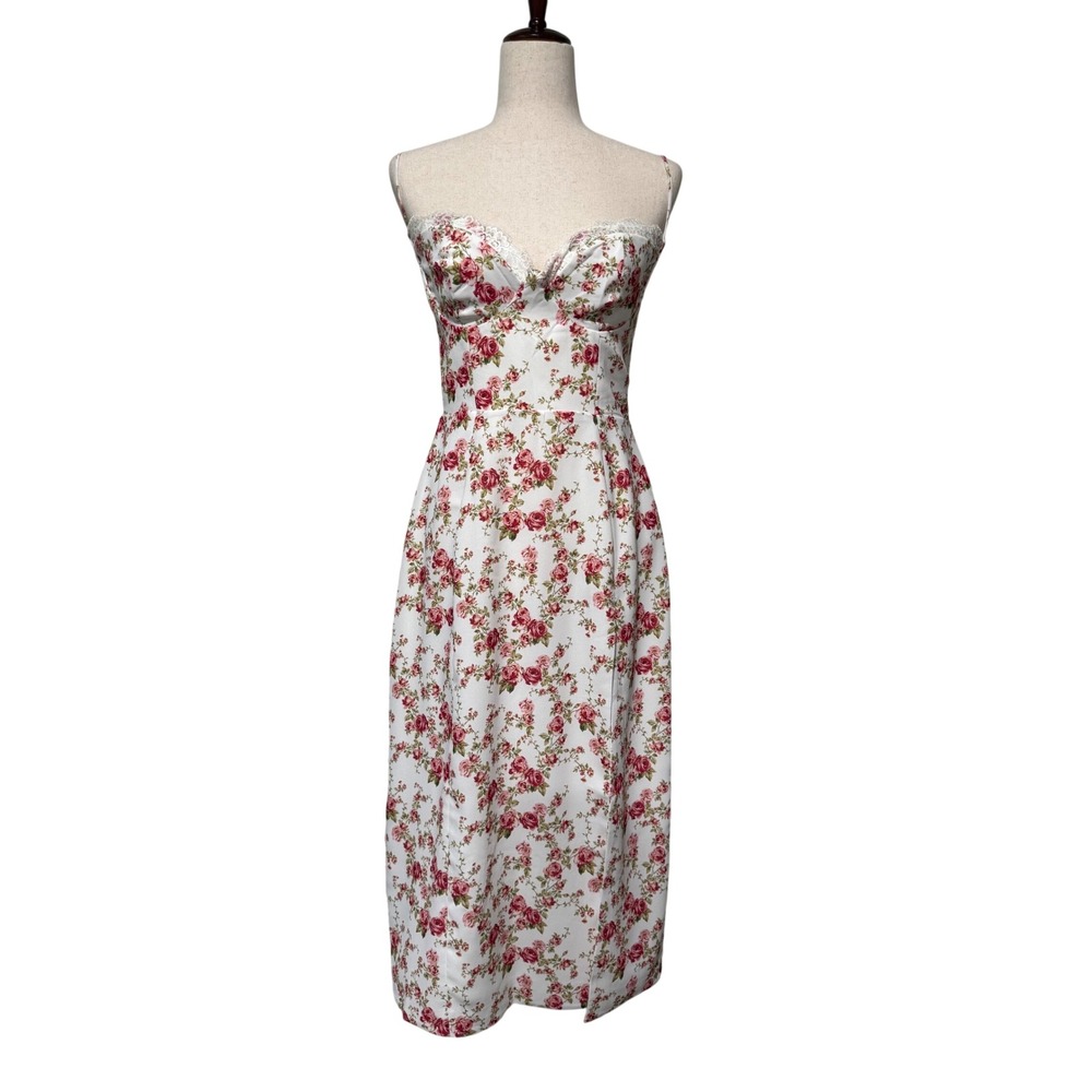 House of CB Charlotte Rose Print Midi Dress White Pink Floral Corset Medium NWT